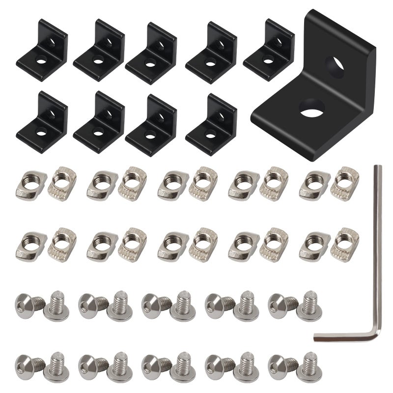 KOOTANS 10Set 2020Series 2 Hole 90 Degree Inside Corner Bracket Kit, Black L Corner Bracket for 2020 Aluminum Extrusion Profile 6mm Slot with 20pcs M5 T Nuts, 20pcs M5 Hex Screw, 1pcs Wrench - Image 1